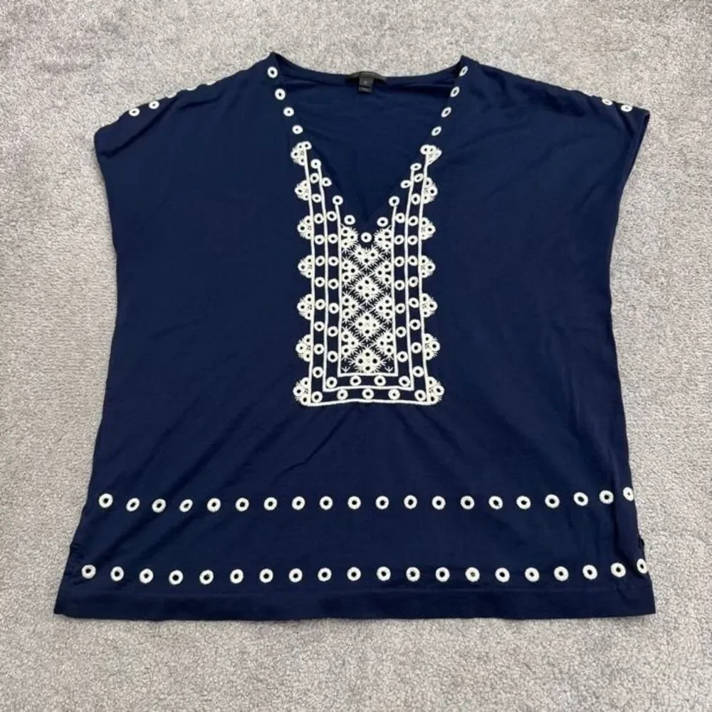 J.Crew Embroidered V-Neck Blouse Womens Medium Navy Blue Cotton Casual Boho Top